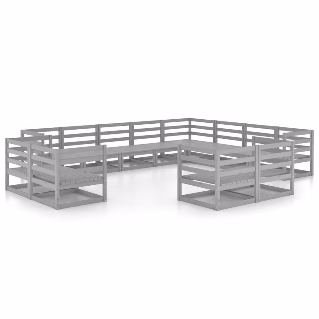 Set Divani da Giardino 12 pz Grigio in Legno Massello di Pino