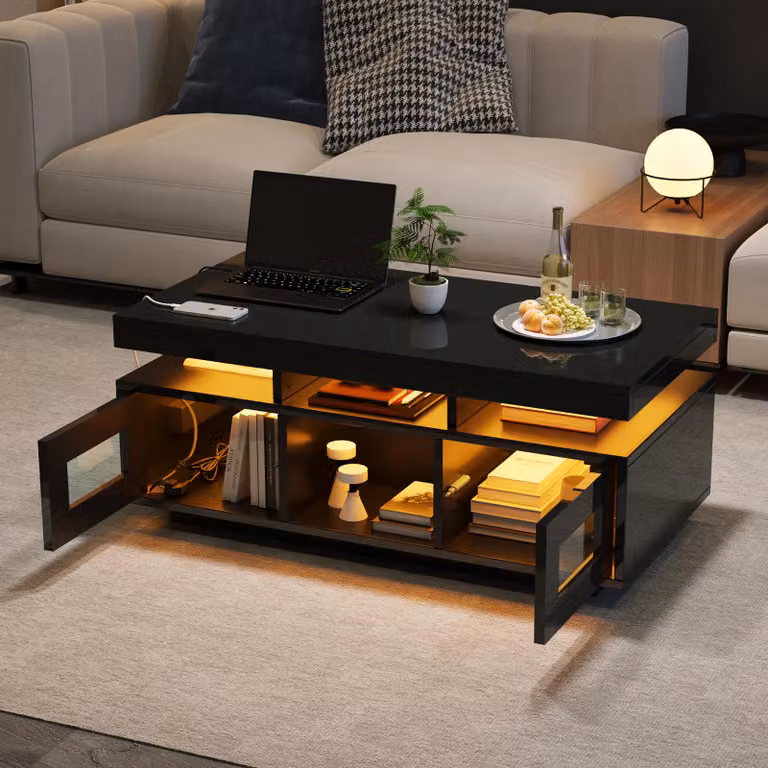 Tavolino STILVORA con illuminazione a LED tramite controllo APP, tavolino da divano con mobile, connessione e presa di ricarica, tavolino per ufficio o studio, lucido, nero