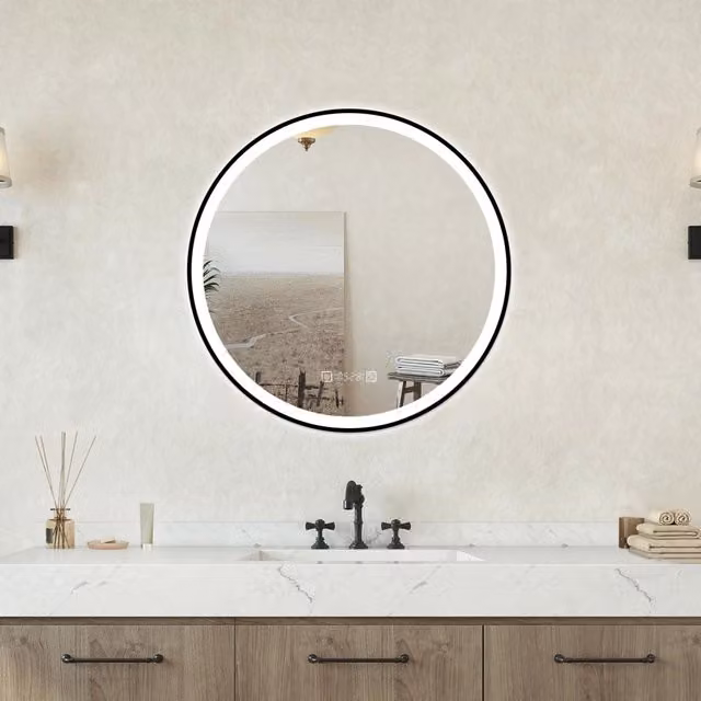 Specchio da bagno tondo Aica Italy con retroilluminazione LED, funzione antiappannamento e orologio, colore bianco, Diametro: 60 cm – 1