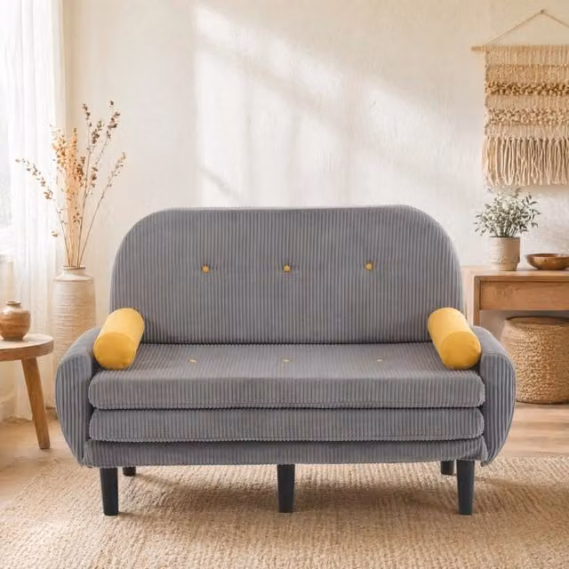 Divano letto MIVRAY in velluto a coste grigio con funzione click-clack, schienale regolabile e cuscini inclusi