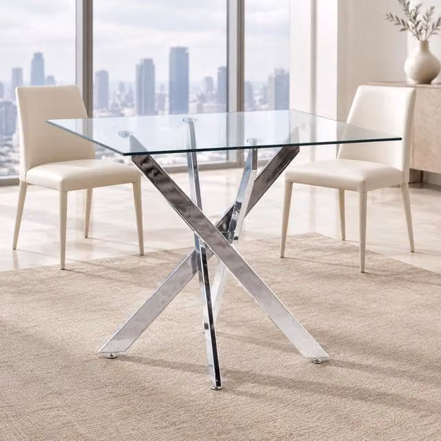 Tavolo da pranzo 80x80x75 cm argento – piano in vetro temperato per cucina e soggiorno