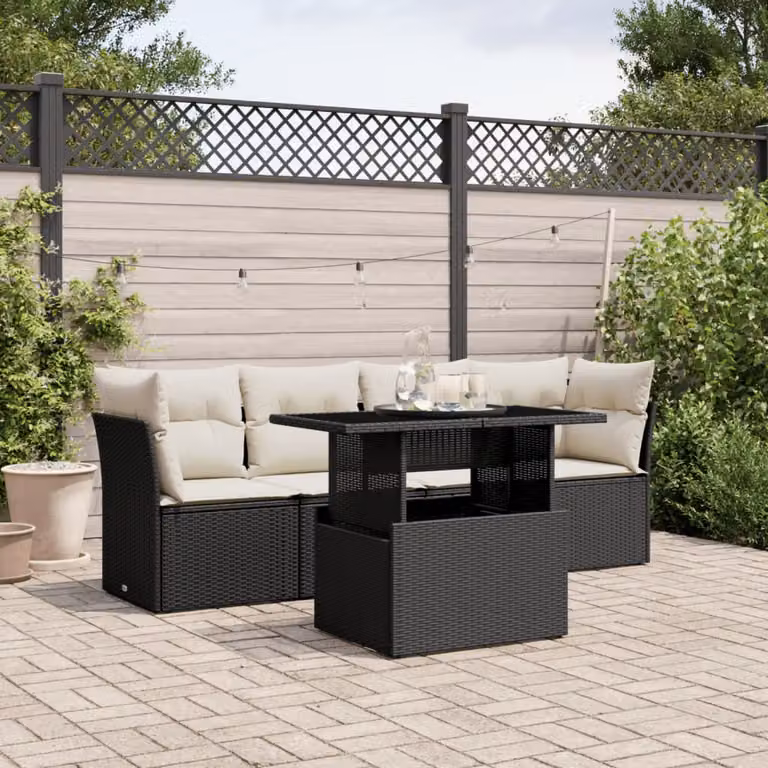 Set da giardino moderno vidaXL composto da divano a 2 posti, elemento angolare, tavolino da caffè e cuscini con coperture rimovibili in bianco e nero