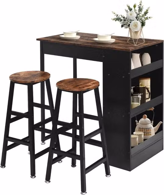 Set 3 Pezzi Tavolo da Bar con 2 Sgabelli, Effetto Legno e Metallo Nero Opaco, Salvaspazio e Robusto, per Cucina, 91.5 cm