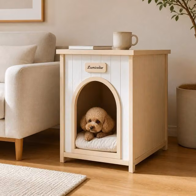 Cuccia per cani in legno con cuscino rimovibile; 64;6x57;8x20;1 cm; bianco crema