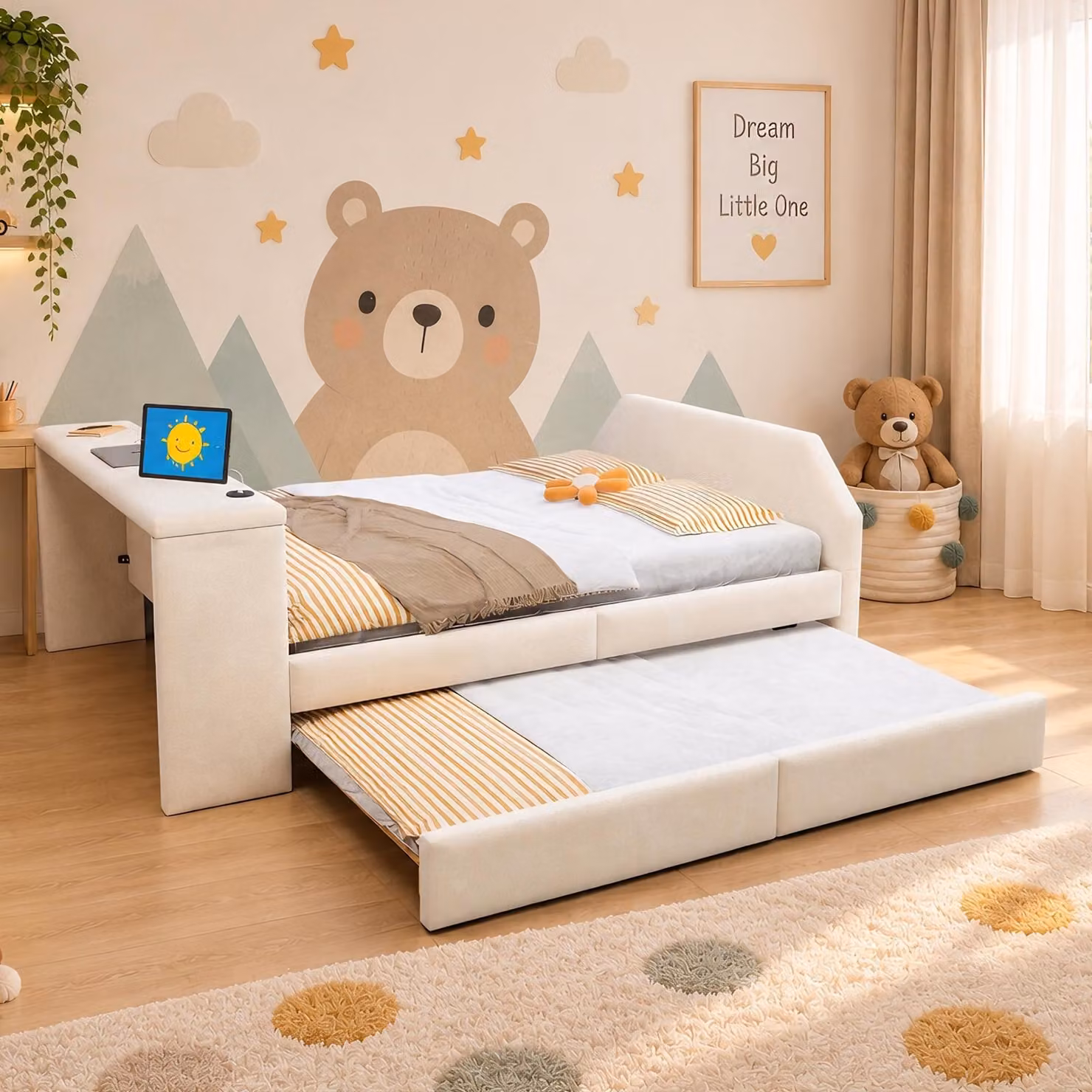Letto imbottito Flieks, 140 x 200 cm, con scrivania integrata; letto singolo con letto estraibile per ospiti; lettino per bambini con porta USB; colore beige; materiali: velluto, legno e metallo
