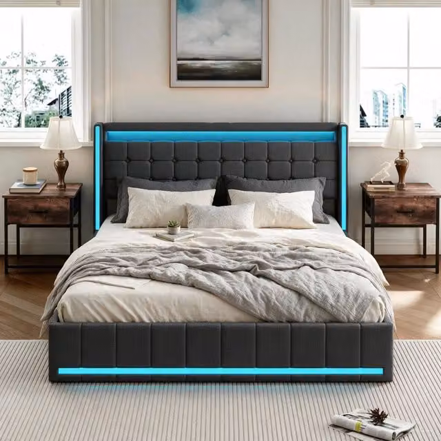 Letto Matrimoniale 140 x 200 cm;Letto Contenitore con 4 cassetti;LED; Testiera imbottita con USB;Lino;Grigio