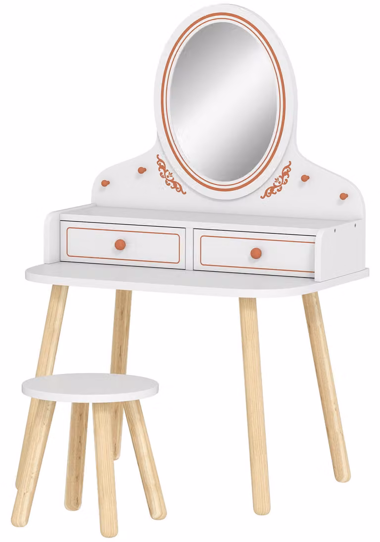 AIYAPLAY Set da trucco per bambini, tavolino da parrucco con sgabello, specchio e cassetti