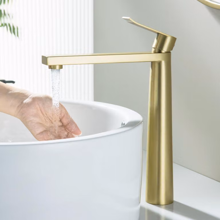 Miscelatore per lavabo, finitura oro spazzolato, alto, monocomando, 30 cm