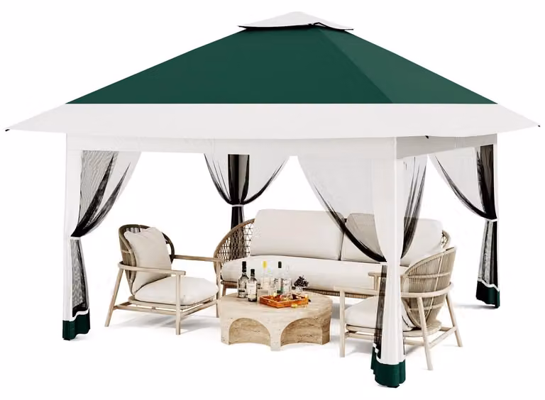 Tenda da giardino 4 x 4 metri, ideale per feste, con pareti laterali in zanzariera, tetto impermeabile, struttura in acciaio regolabile in altezza e colore verde militare