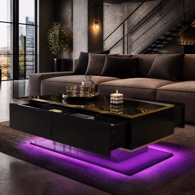 Tavolino da caffè nero e oro con LED, 3 cassetti e vano aperto, 100 cm