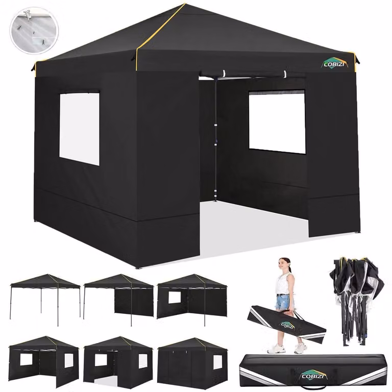 Gazebo da esterno 3x3 metri con 4 pannelli laterali, 100% impermeabile, protezione UV 50+, resistente alle intemperie invernali, struttura in acciaio, altezza regolabile da 200 a 226 cm, colore nero
