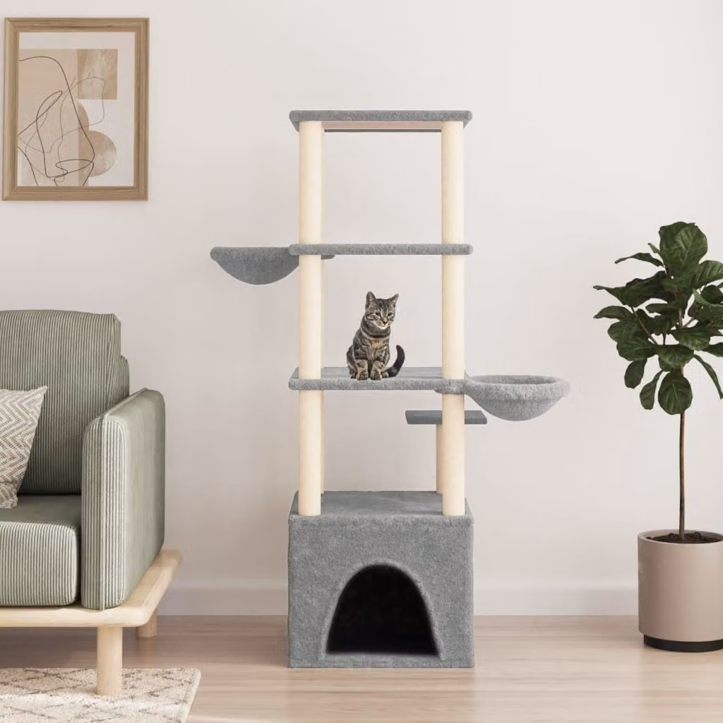 Albero per gatti vidaXL con tiragraffi in sisal e rifiniture in legno, colore grigio, Altezza: 147 cm