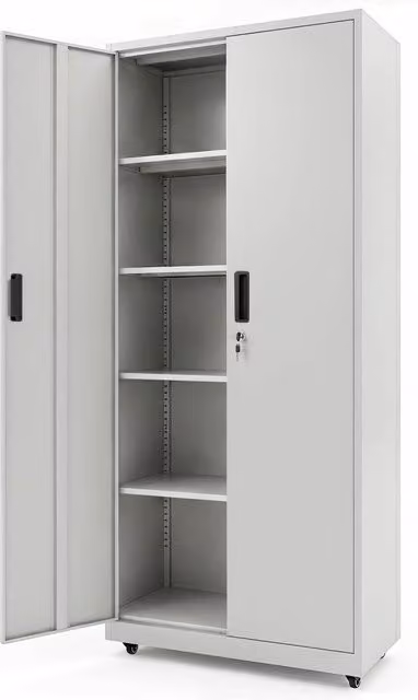 Armadio archivio in acciaio con 5 ripiani regolabili e 2 ante, credenza mobile con ruote bloccabili per ufficio e garage, Grigio, L: 80 cm, P: 40 cm, H: 186 cm
