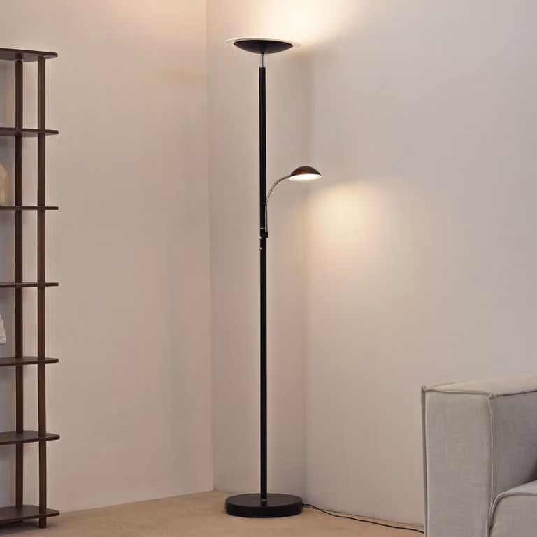 Lampada da terra con luce lettura MALEA Lindby, dimmerabile, Nero, Soggiorno / Sala da pranzo, Metallo, Moderno, Lampada LED da terra
