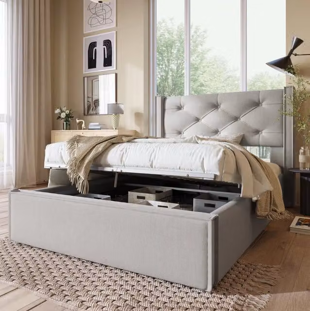 Letto singolo imbottito MODFU con contenitore e rete sollevabile, grigio, 90x200 cm