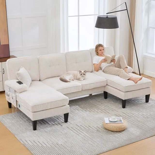 Divano 4 posti con doppia Chaise Longue ¨C Minimal ¨C Beige, tessuto imbottito, struttura robusta