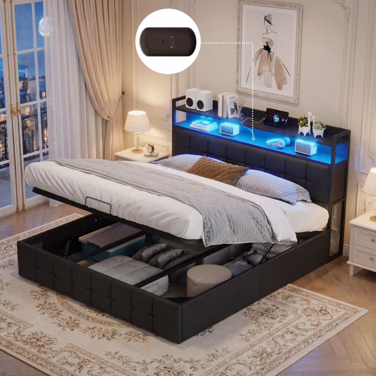 Letto imbottito INONEFT 140x190 cm con LED e porta USB di tipo C, letto con box e sistema idraulico per lo spazio contenitore, letto matrimoniale per giovani con rete a doghe e contenitore, rivestimento in ecopelle nera