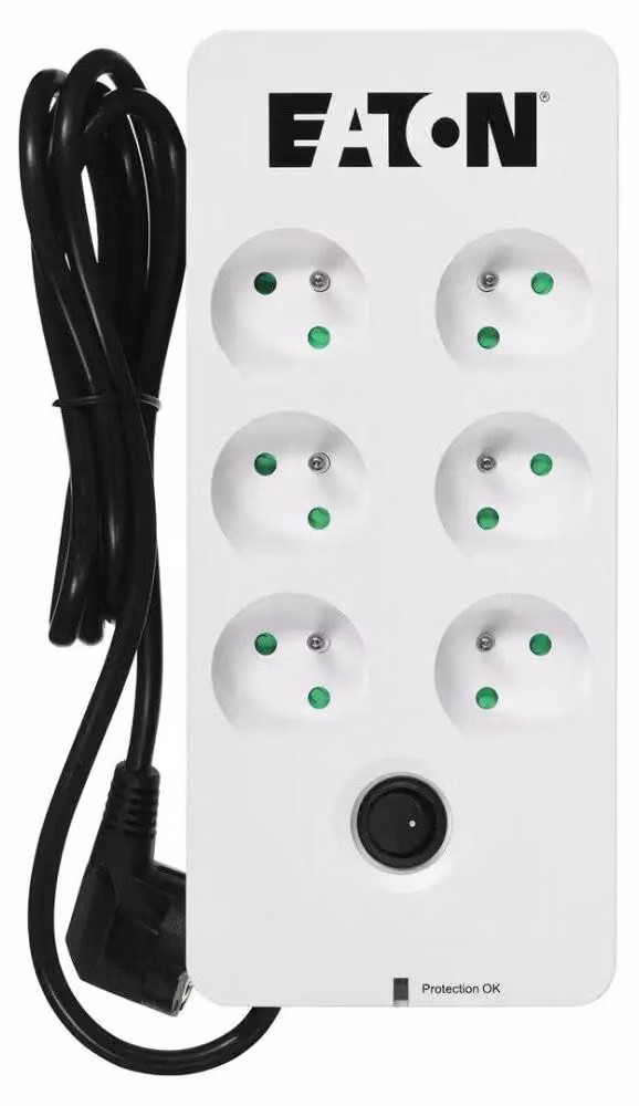 Prolunga con 6 prese, Eaton, 1,5 m, Con interruttore, Bianco/Nero
