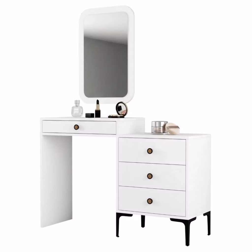Toeletta con specchio Meltina DMORA, mobile da trucco moderno in bianco e marrone, L: 124 cm, P: 40 cm, H: 85 cm – 2