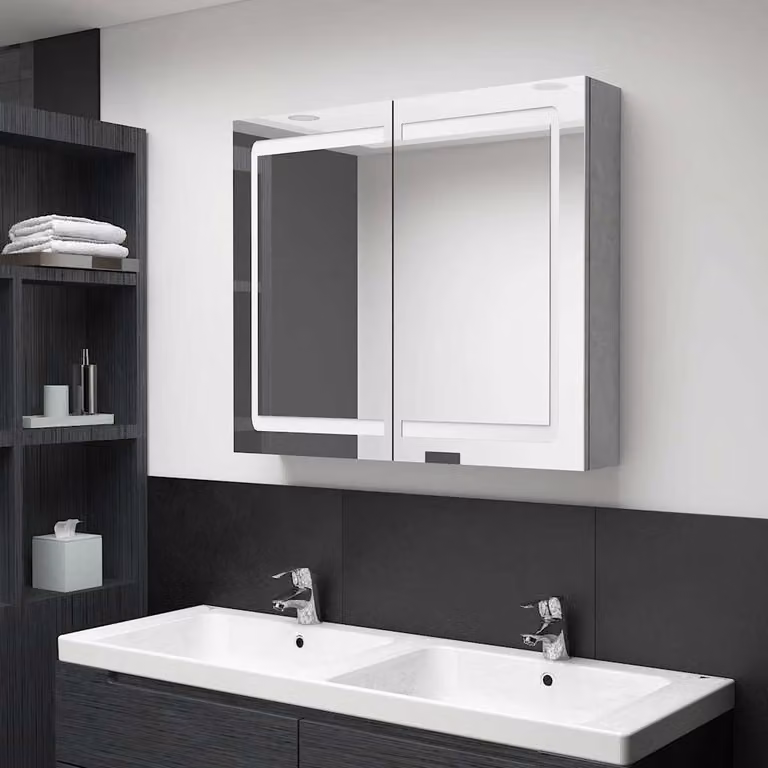 Armadietto da bagno con specchio e illuminazione LED vidaXL, Grigio, L 80 cm x P 12 cm x H 68 cm