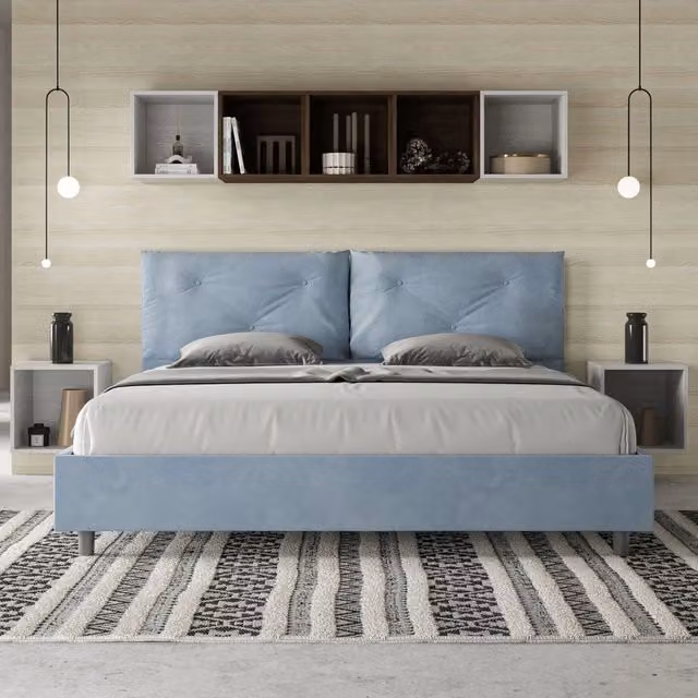 Letto matrimoniale contenitore Ityhome Appia Large imbottito in microfibra azzurro L: 180 cm, P: 200 cm