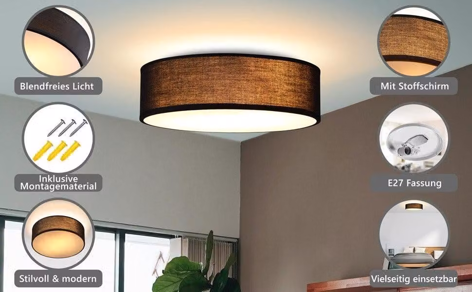 Lampada da soffitto, tessuto, 30 cm, nero, attacco E27