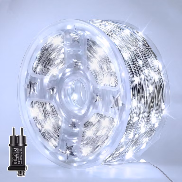 Catena luminosa con 120 LED, 12 metri, luce bianca fredda, 8 modalità, grado di protezione IP44, filo in rame