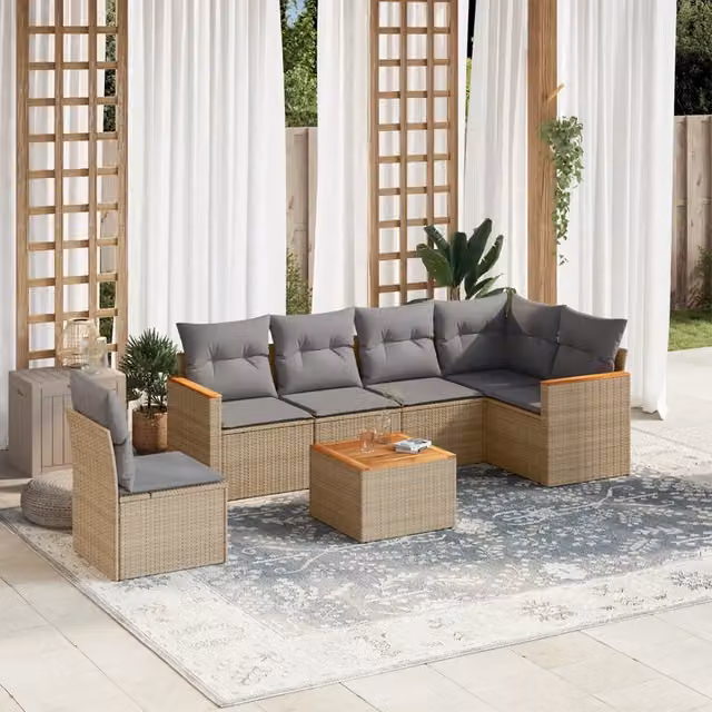 Set Divani da Giardino 7 pz con Cuscini Beige in Polyrattan 3258426