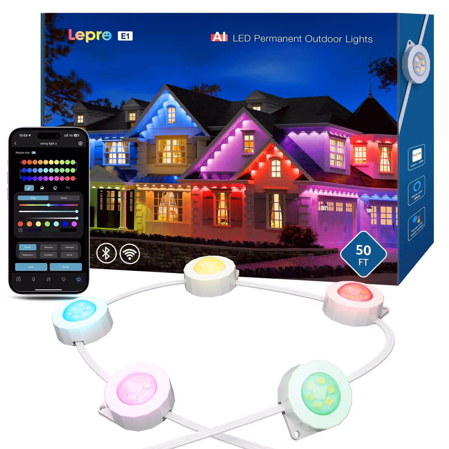 Illuminazione perimetrale del tetto a LED, 30 LED, 15 metri, RGB+bianco caldo/bianco freddo, grado di protezione IP67