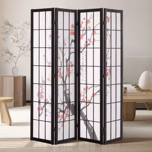 Divisorio per Ambienti VEVOR a 4 Pannelli in Legno MDF con Design Floreale Classico, Separatore Pieghevole Nero per Casa e Ufficio, H: 170 cm, L: 162 cm, P: 18,5 cm