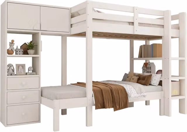 Letto a castello sfalsato 90x200 cm con armadio; cassetti e mensole; bianco