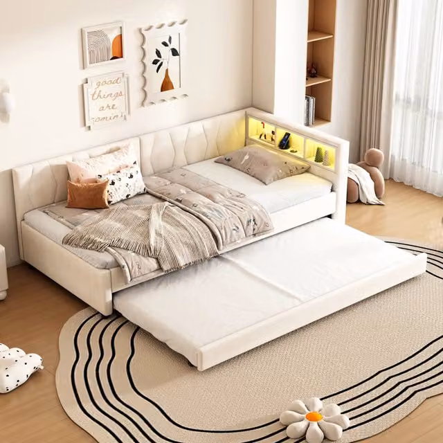 Letto 140x200 con due cassetti e luce LED; lino e MDF; beige