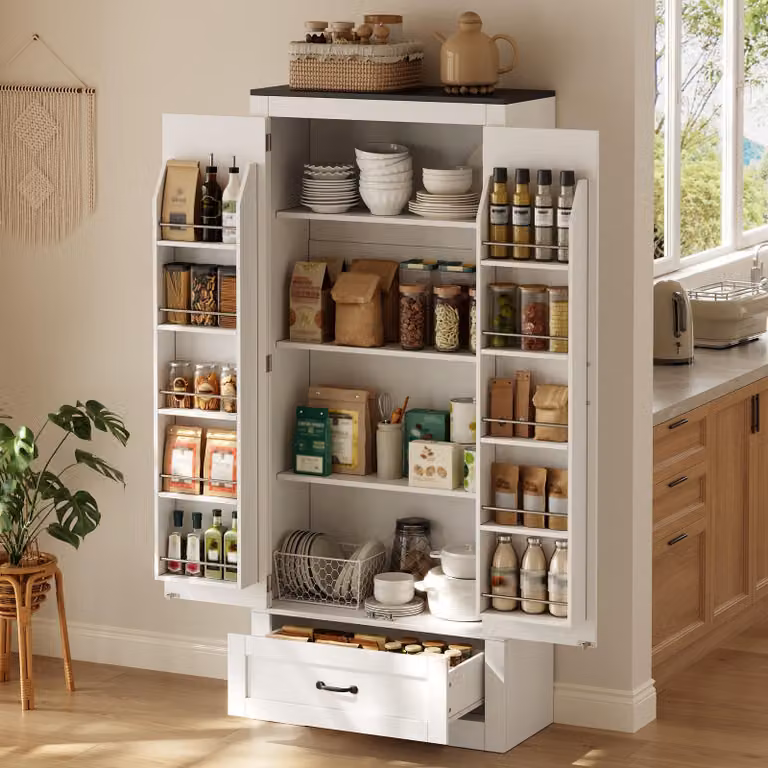 Armadio da cucina Merax, modello alto con 2 ante e un cassetto, dispensa con ripiani interni e scaffali, mobile contenitore in MDF, bianco