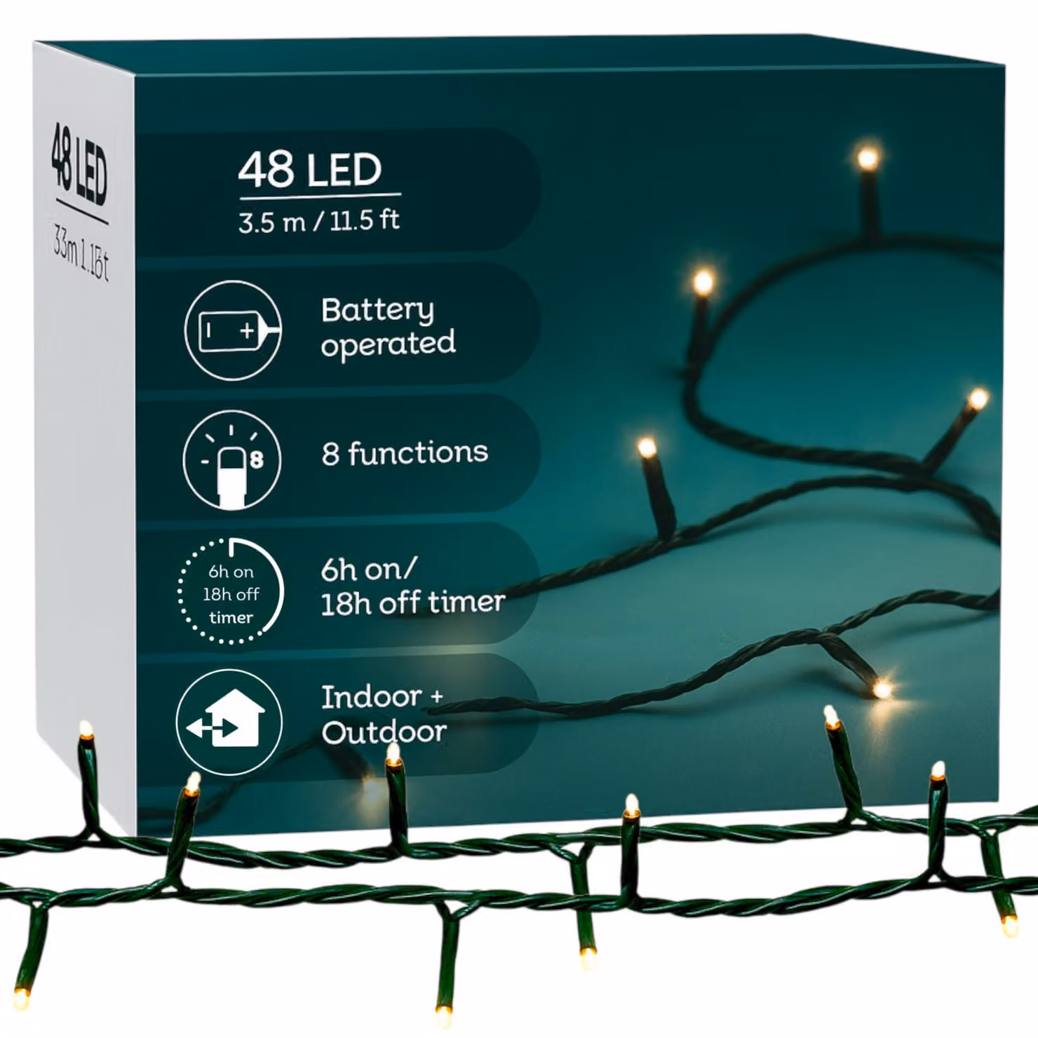 Catena luminosa a LED, lunghezza 3,5 metri / 48 LED, luce bianco caldo, grado di protezione IP44, timer, 8 modalità