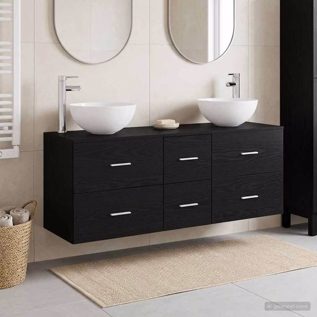 Set di 3 mobili da bagno moderni vidaXL in legno nero opaco, L 129 cm x P 35 cm x H 80 cm