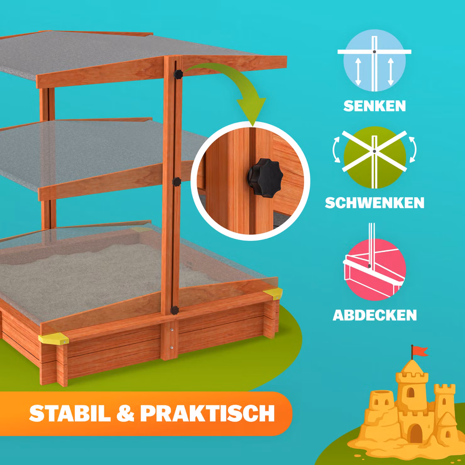 Sabbiera per bambini Sami Spielwerk multicolore con tetto UV 50+ e struttura in legno L: 120 cm, P: 120 cm, H: 120 cm – 2