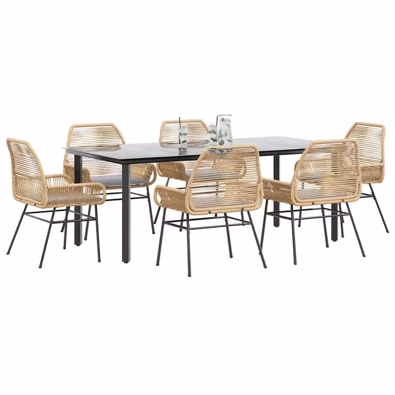 Set da pranzo da giardino vidaXL in polyrattan e vetro con 7 pezzi, marrone