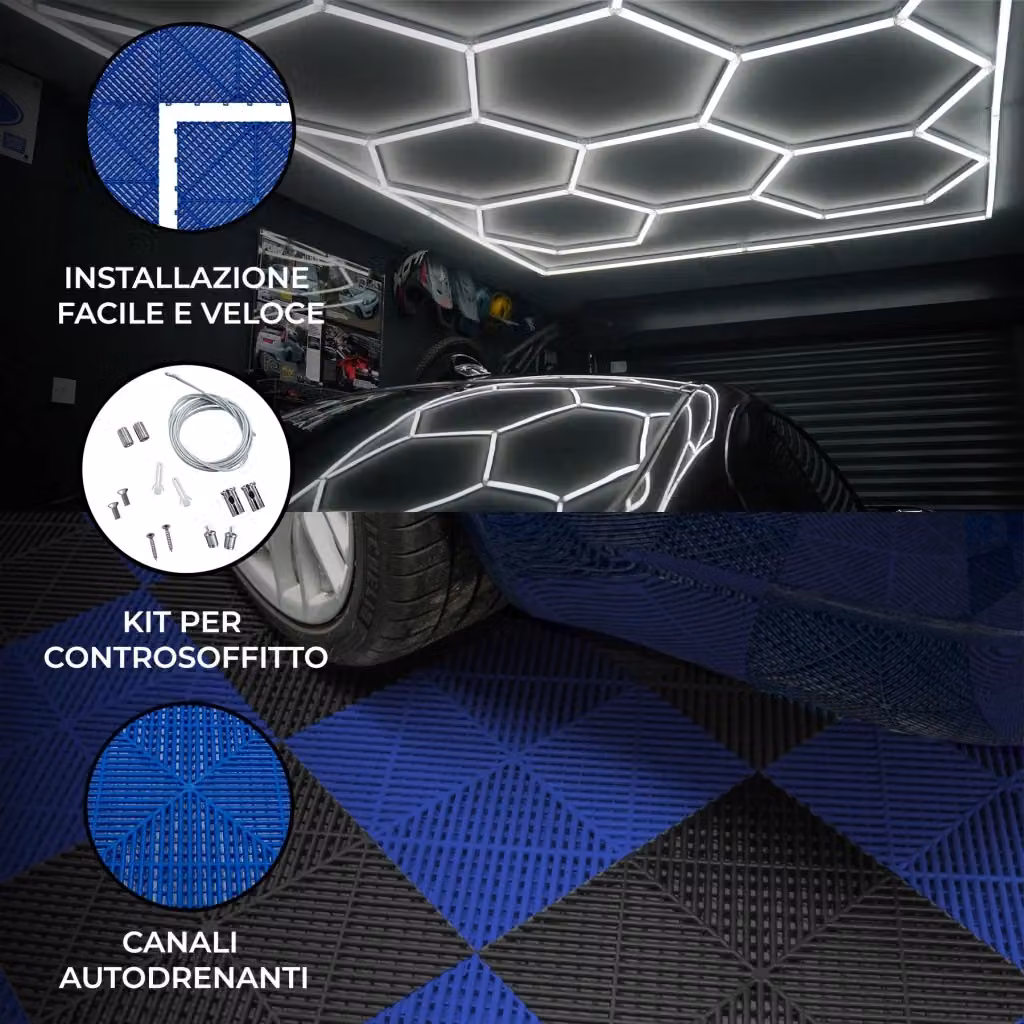 Set di Piastrelle Ventilate per Pavimento Garage e Luci LED Esagonali Monster SHOP in Plastica, Colori Nero e Blu – 2