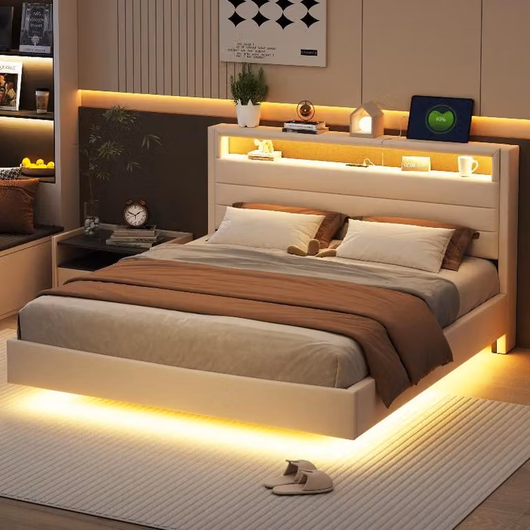Letto imbottito 160x200 cm con presa USB e illuminazione LED, testiera reclinabile con spazio contenitore, rivestito in lino color beige, ideale per la camera da letto