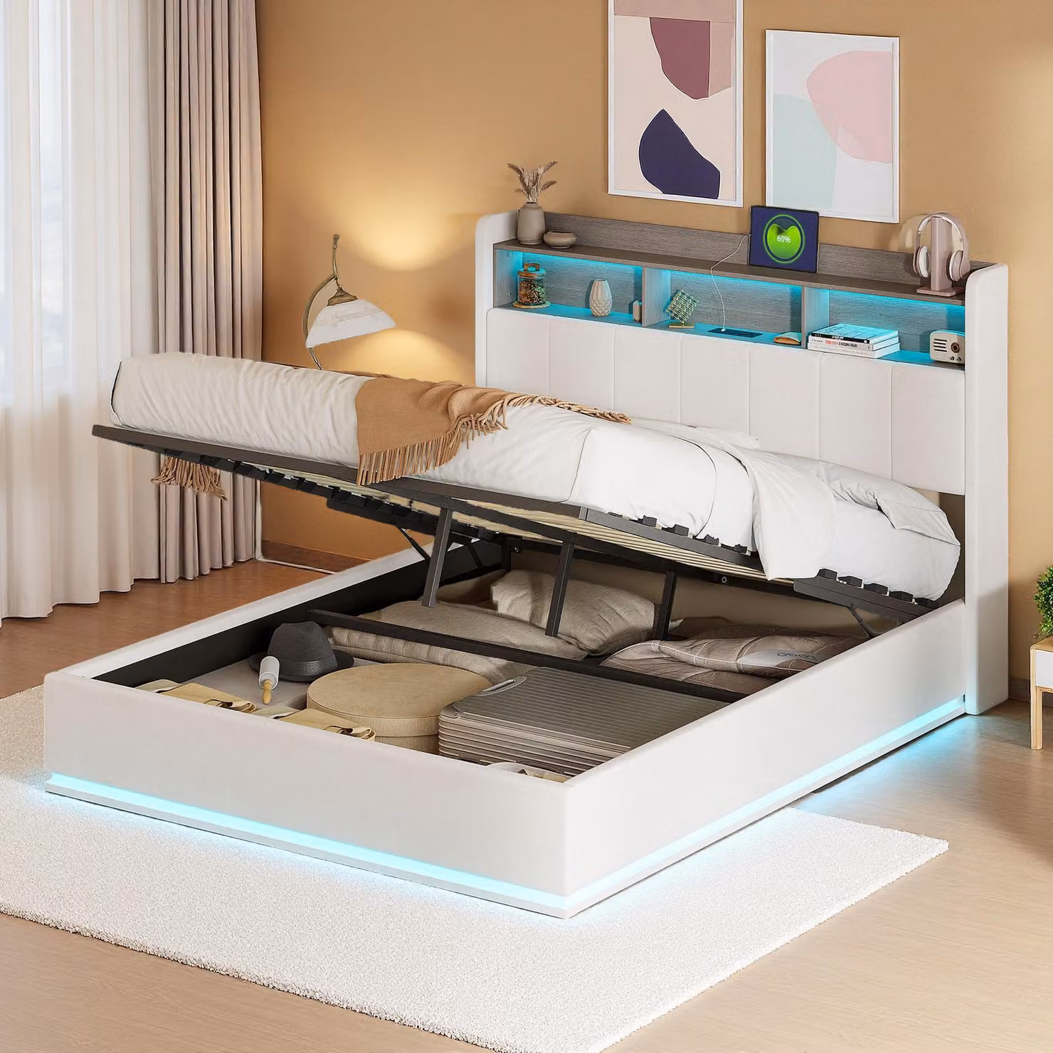 UnboxG Letto imbottito 140×190 cm Bianco in velluto – Letto matrimoniale con striscia luminosa a LED nella parte inferiore e nella testiera, testiera con vano contenitore e funzione di ricarica USB, letto moderno in tessuto per camera da letto