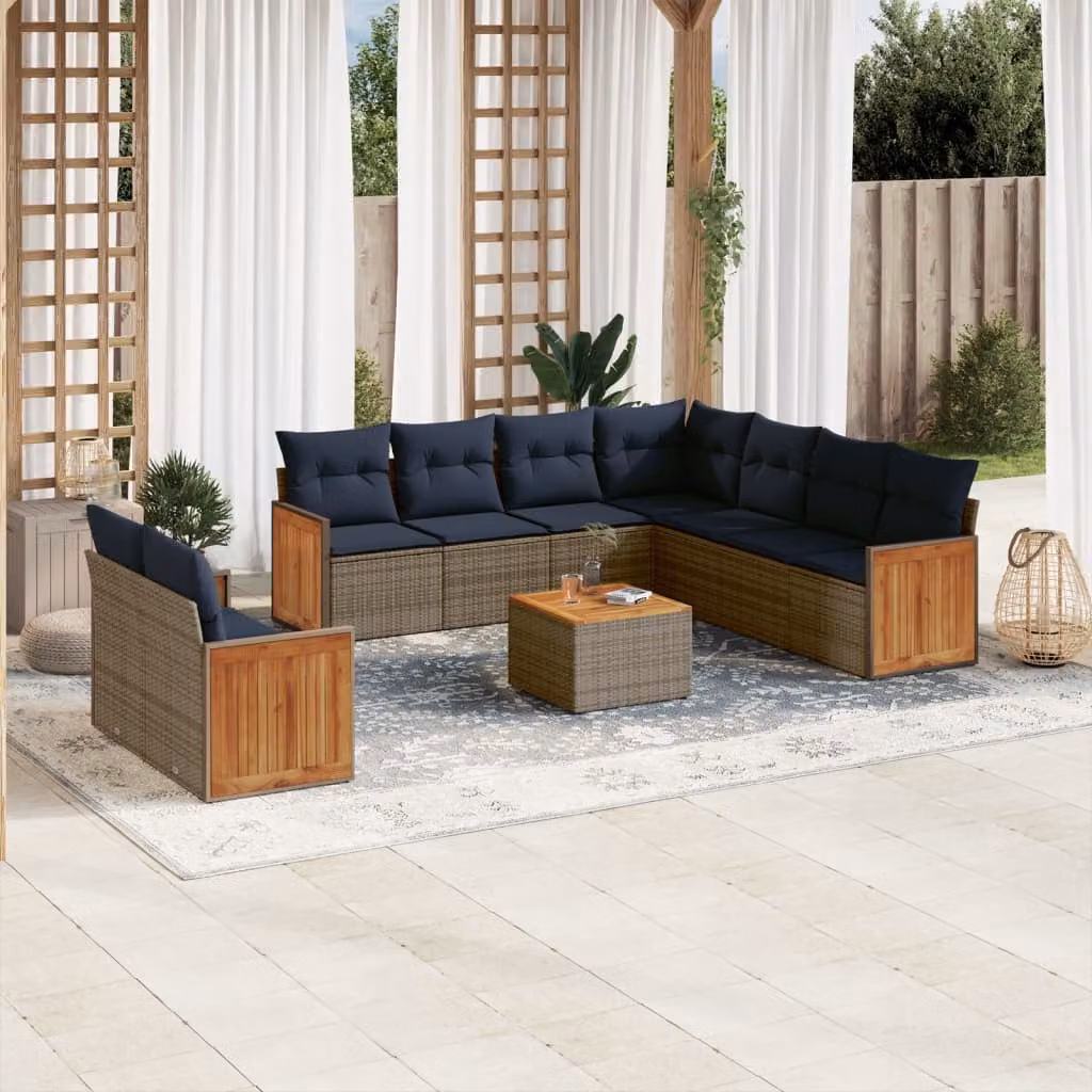 Set da giardino vidaXL in polyrattan composto da 10 pezzi con cuscini grigi e blu, design moderno a forma di L con tavolo da caffè e sedute imbottite resistenti ai raggi UV