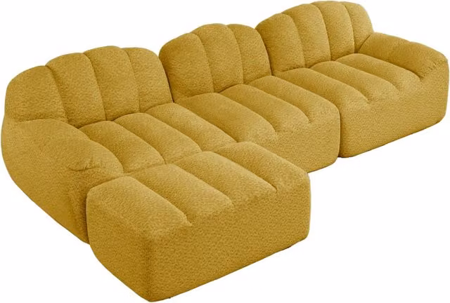 Divano modulare a L 3 posti con pouf, schiuma ad alta densità 32D, tessuto morbido giallo per soggiorno