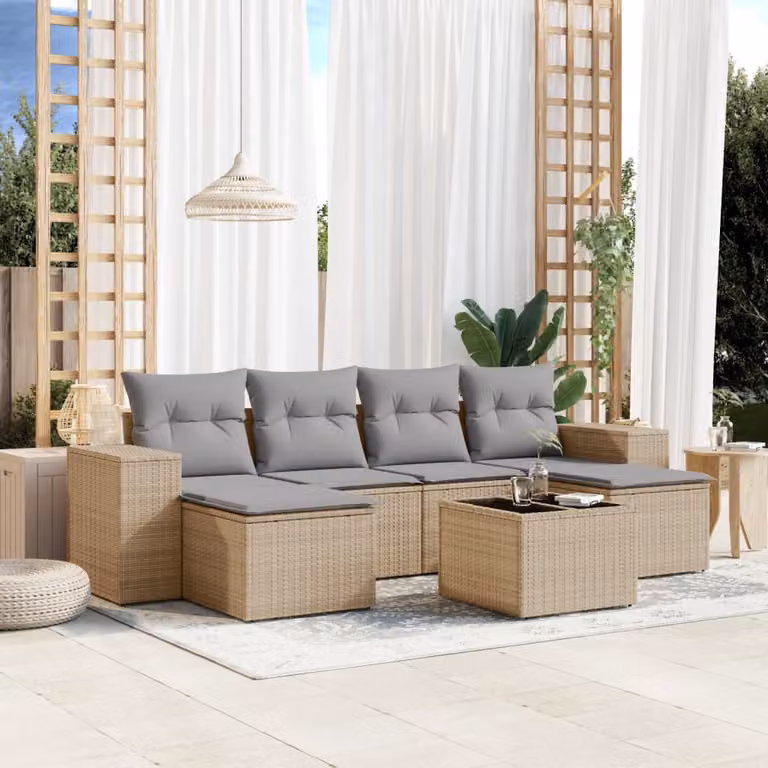 Set di divani da giardino vidaXL in polyrattan beige composto da 7 pezzi con cuscini e tavolino da esterno