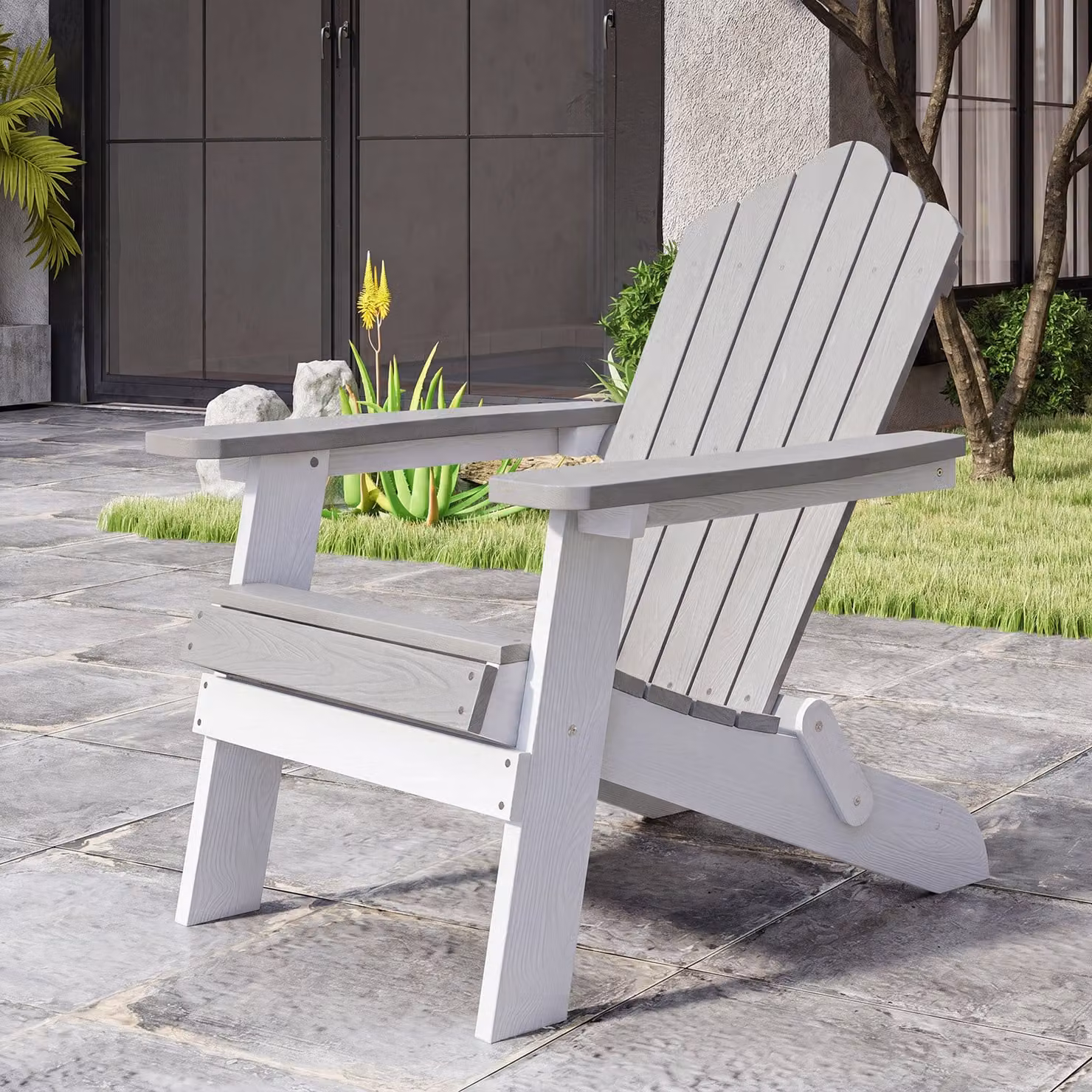 Sedia Adirondack pieghevole Costway in acciaio inossidabile e materiale sintetico resistente alle intemperie con braccioli larghi, Grigio