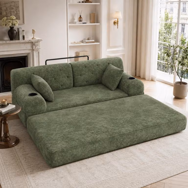 Divano MODFU multifunzionale, divano angolare a 2 posti modello Cord con schienale alto, divano relax con 4 tasche laterali e 2 portabicchieri, divano letto compatto e chaise longue, colore verde