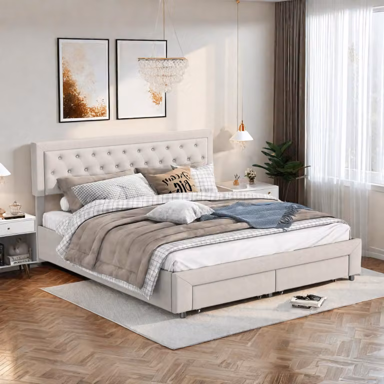 Letto imbottito Fortuna Lai 160x200 cm, letto a molle idrauliche con cassetto e rete a doghe, velluto, beige