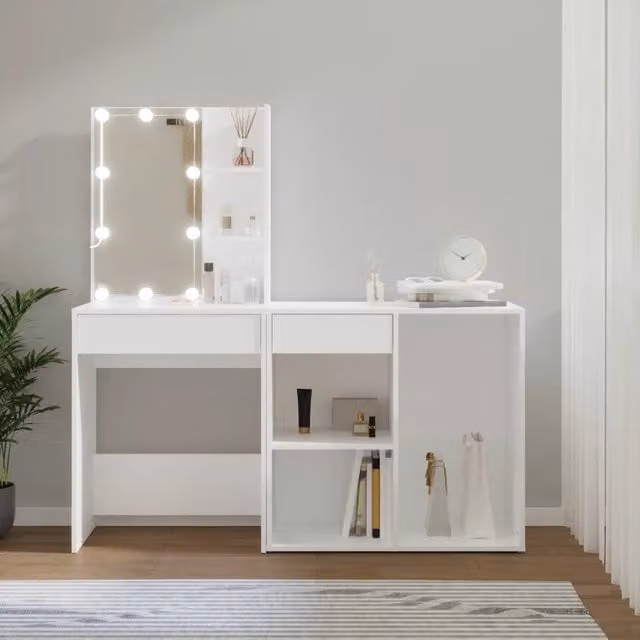 Toeletta Hollywood con LED e Armadietto vidaXL in Legno Bianco L: 140 cm, P: 40 cm, H: 60 cm