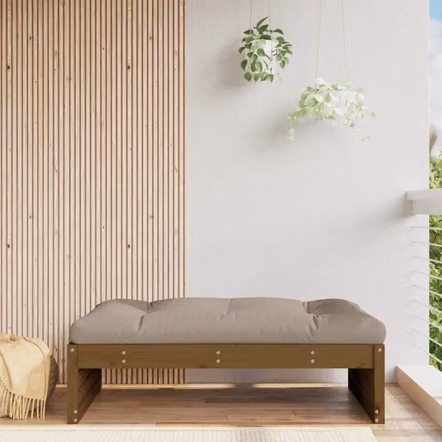 Sedia da giardino con poggiapiedi in legno massello di pino color marrone ambra e cuscini beige L: 120 cm, P: 80 cm – 1