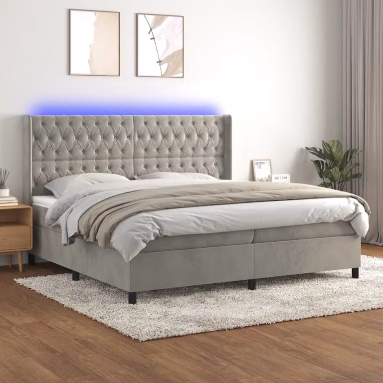 Letto Ibrido vidaXL in Velluto Grigio con Materasso a Molle Insacchettate, Illuminazione LED e Porte USB, L/P: 200 x 200 cm