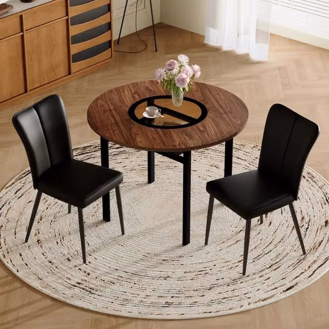 Set tavolo e sedie con tavolo rotondo e 2 sedie per sala da pranzo in vetro, metallo e similpelle marrone e nero